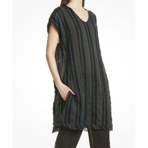 Eileen Fisher Striped Double Weave‎ Lagenlook Cotton Gauze Caftan In Nori S